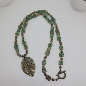 Czech table cut glass Aqua Picasso and Sea Green Swirl Picasso beaded necklace